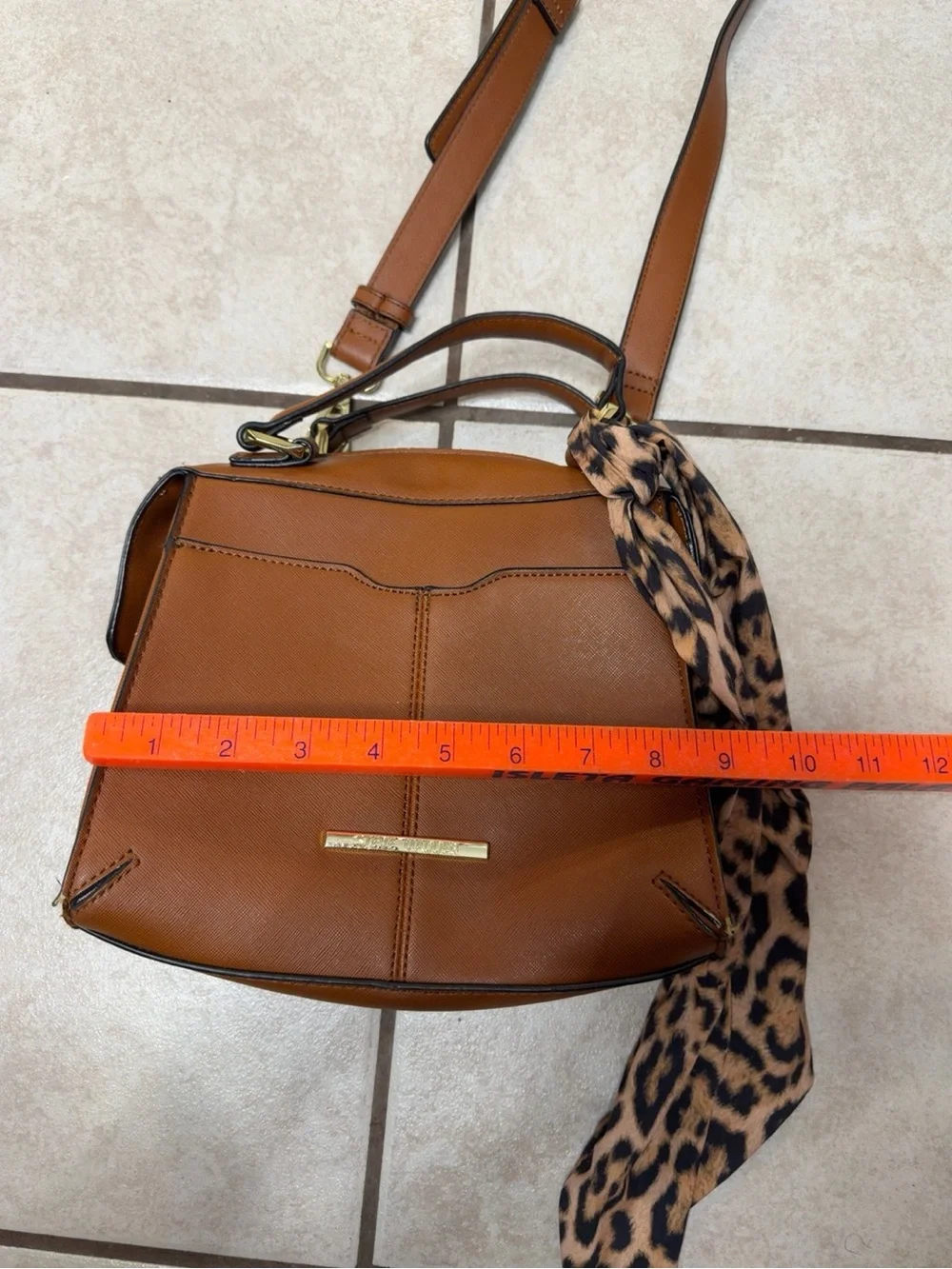 Steve Madden Cognac Brown Satchel Crossbody Bag Leopard Scarf